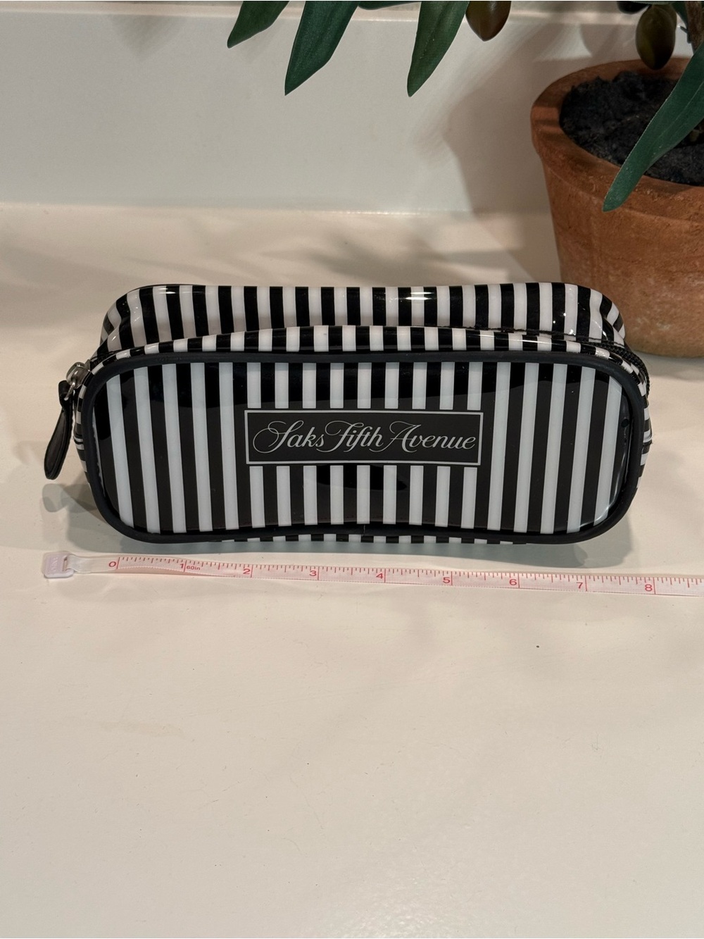 Saks Fifth Avenue Black and White Striped Cosmetic Pouch